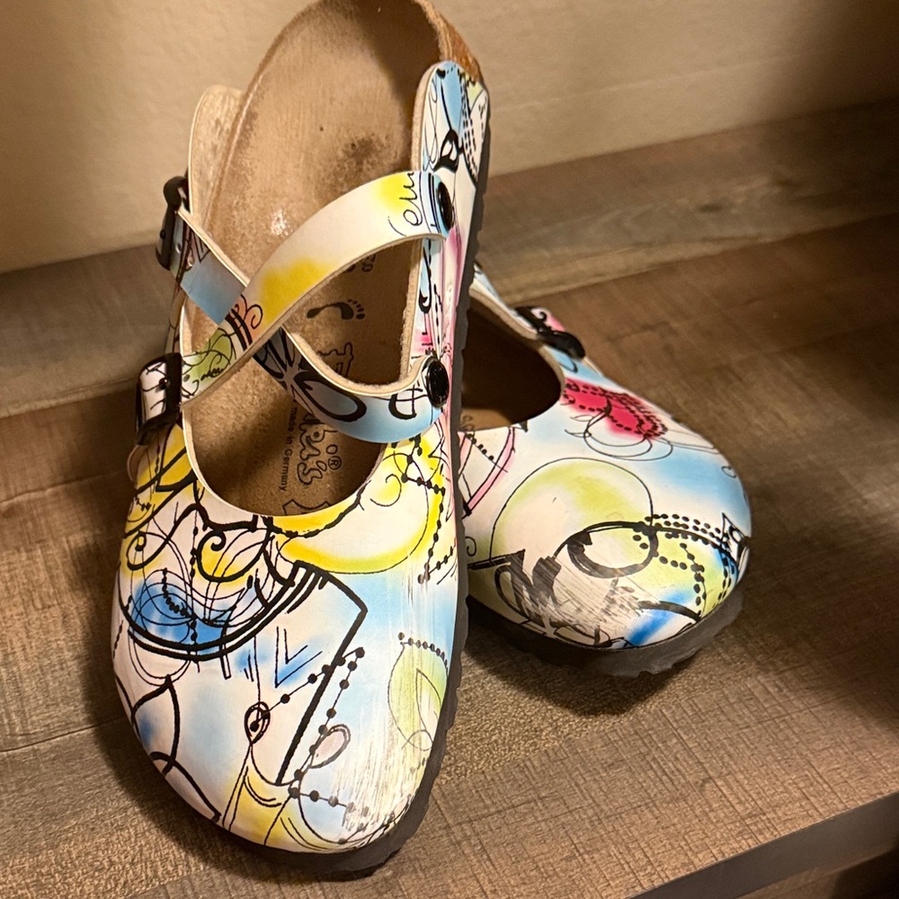 Birkenstock Mary Jane Clogs in White with Blue, Yellow, Pink Accents